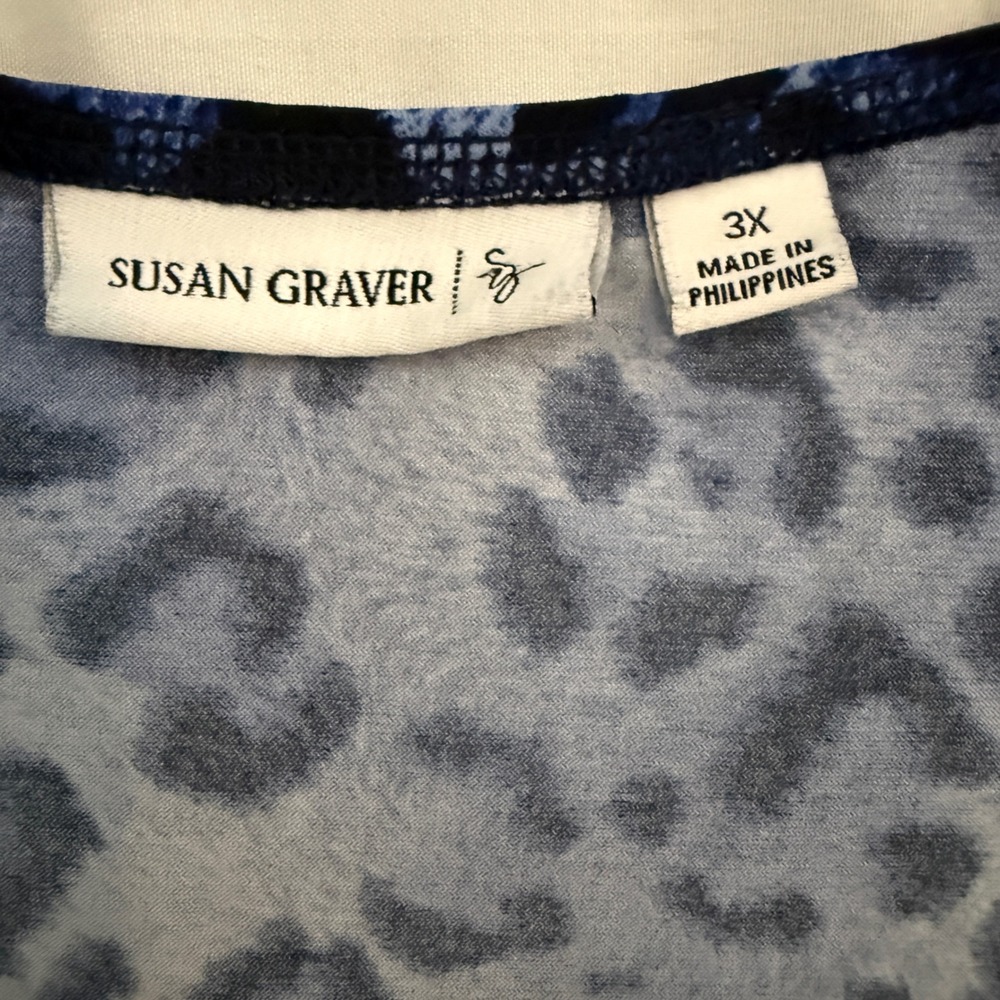 Susan Graver Blue Leopard Liquid Knit 3/4 Sleeve Tunic Top 3X Mob Wife - Picture 6 of 6